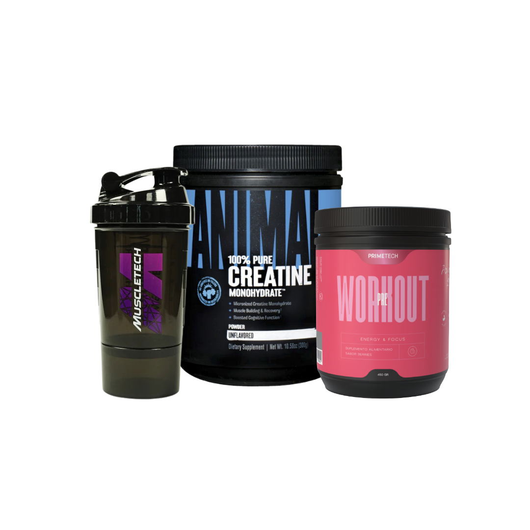 CREATINA MONOHIDRATO MICRONIZADA 300 GR "ANIMAL" + PRE ENTRENO 450 GR "PRIMETECH"+ SHAKER