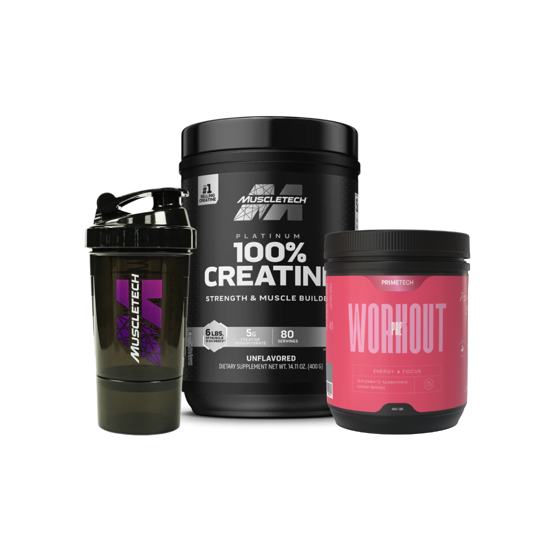 CREATINA PLATINUM 400 GR "MUSCLETECH" + PRE ENTRENO 450 GR "PRIMETECH" + SHAKER