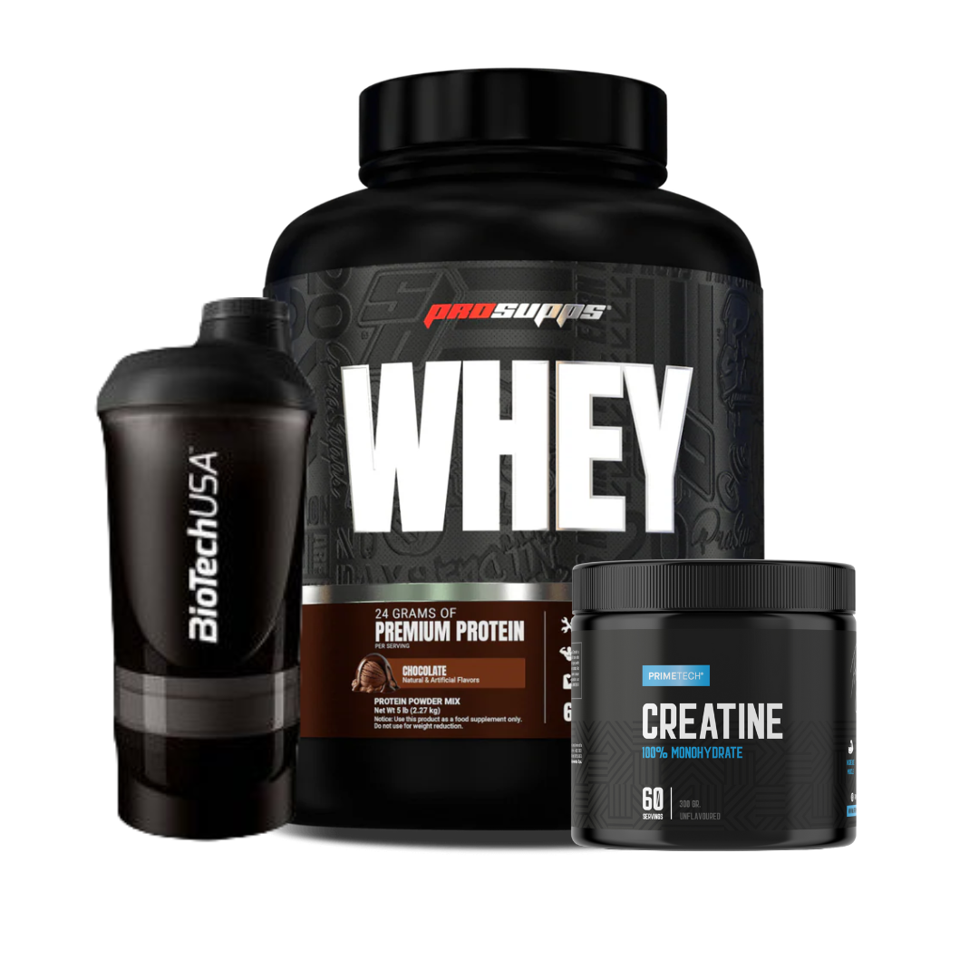 PROTEINA WHEY CONCENTRATE 5 LB "PROSUPPS" + CREATINA MONOHIDRATO 300 GR PRIMETECH + SHAKER DE REGALO