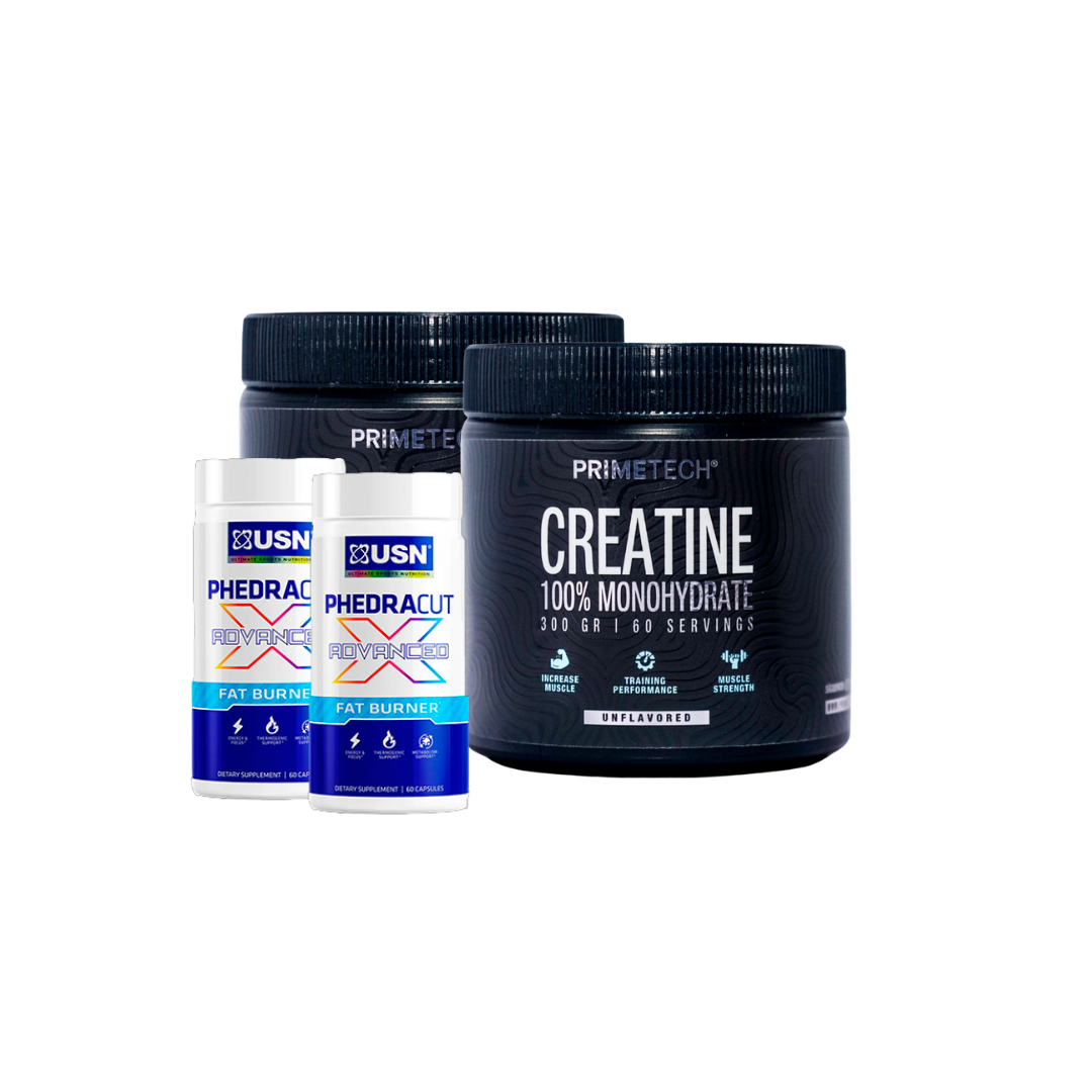 PACK DUO 2 CREATINAS MONOHIDRATO 300 GR "PRIMETECH" + 2 PHEDRACUT