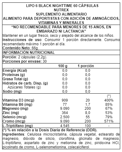 LIPO 6 BLACK NIGHTTIME UC 30 CAPS "NUTREX"