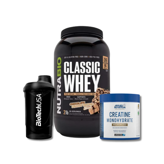 CLASSIC WHEY 2 LB "NUTRABIO" + CREATINA MONOHIDRATO 250 GR "APPLIED NUTRITION" + SHAKER