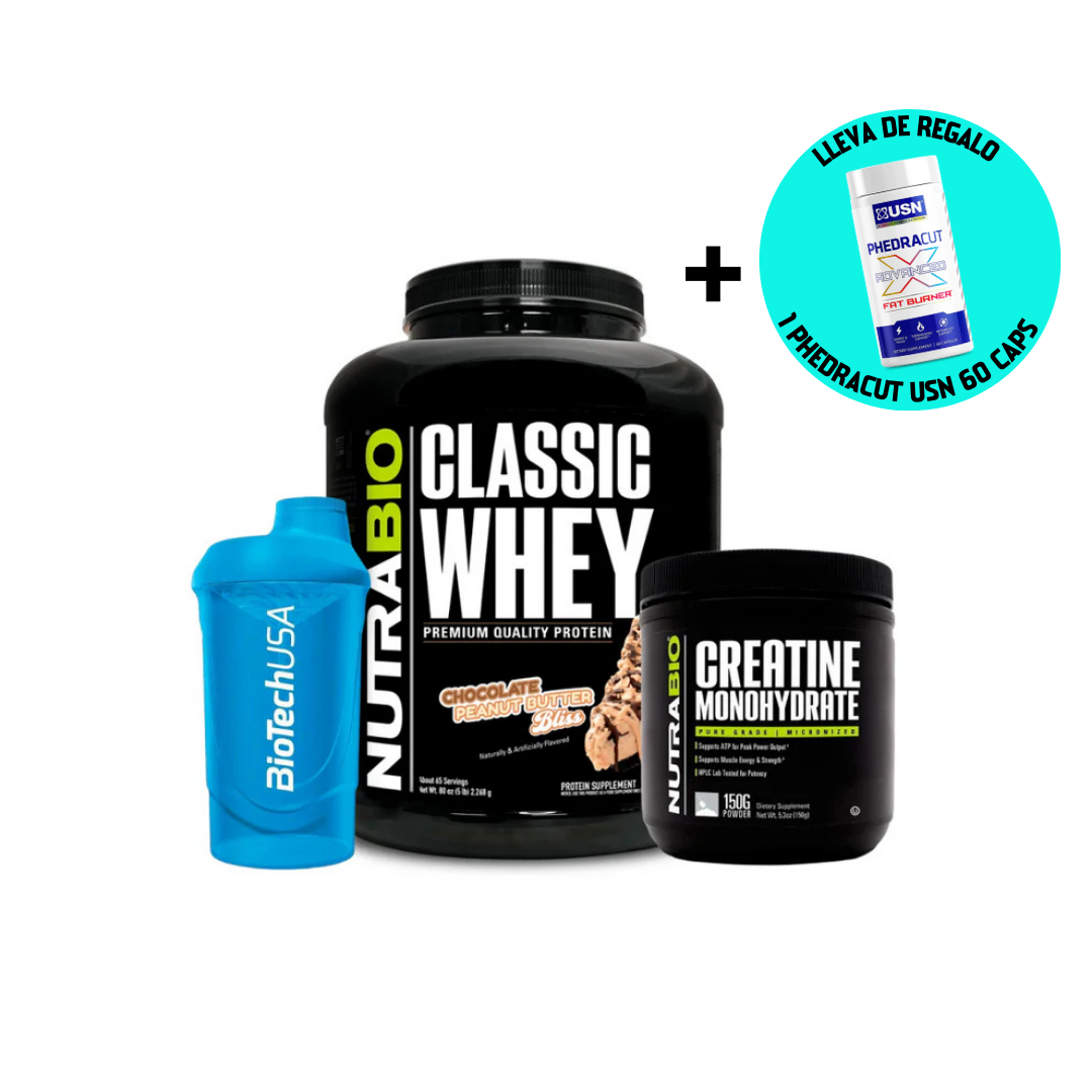 CLASSIC WHEY 5 LB "NUTRABIO" + CREATINA MONOHIDRATO 150 GR "NUTRABIO" + SHAKER DE REGALO