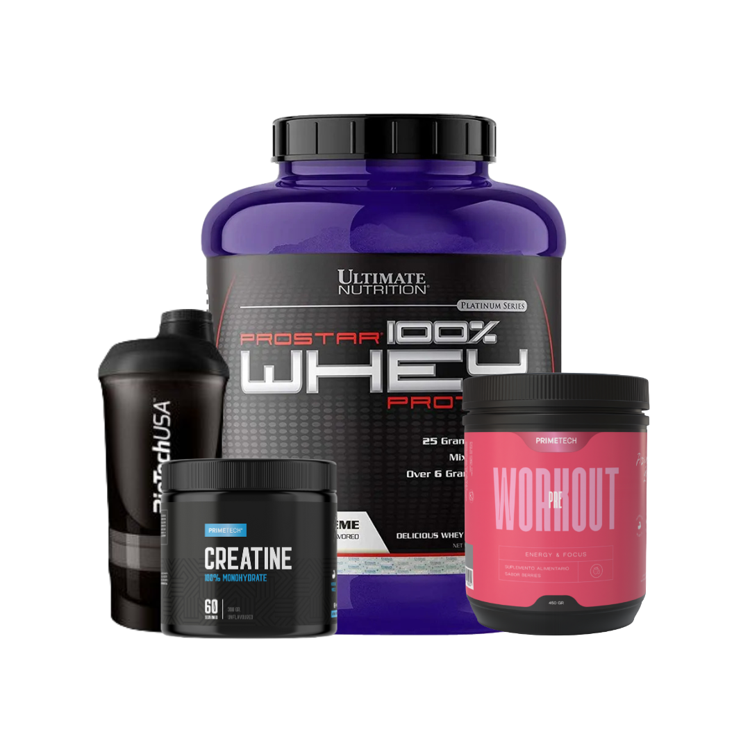 PROSTAR 5 LBS ULTIMATE NUTRITION + PRE ENTRENO 450 GR "PRIMETECH" + CREATINA MONOHIDRATO 300 GR "PRIMETECH" + SHAKER
