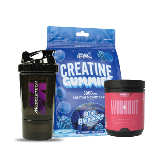 CREATINA MONOHIDRATO GUMMIES "APPLIED NUTRITION" + PRE ENTRENO 450 GR "PRIMETECH" + SHAKER