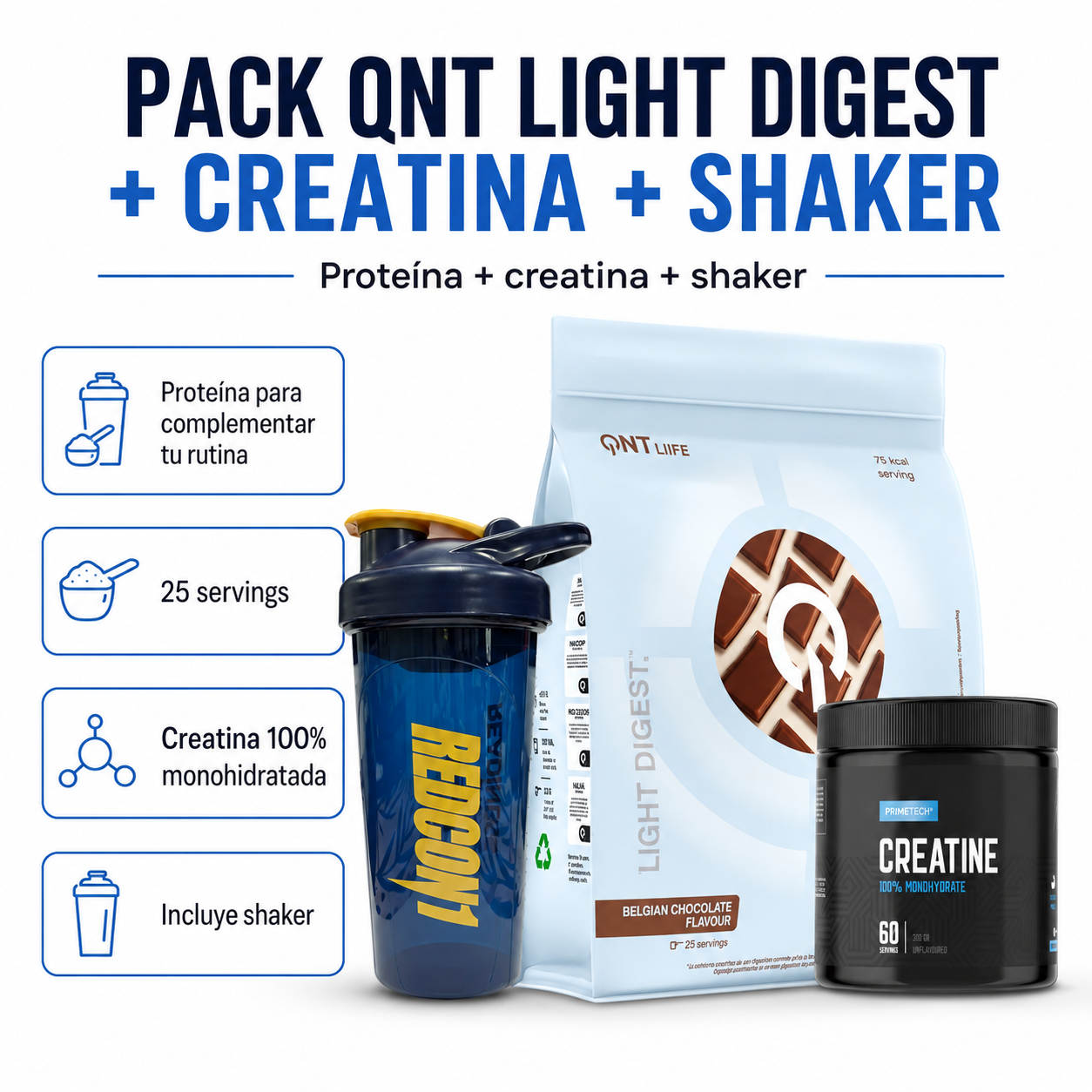 PROTEINA WHEY LIGH DIGEST 500 GR "QNT" + CREATINA MONOHIDRATO 300 GR "PRIMETECH" + SHAKER