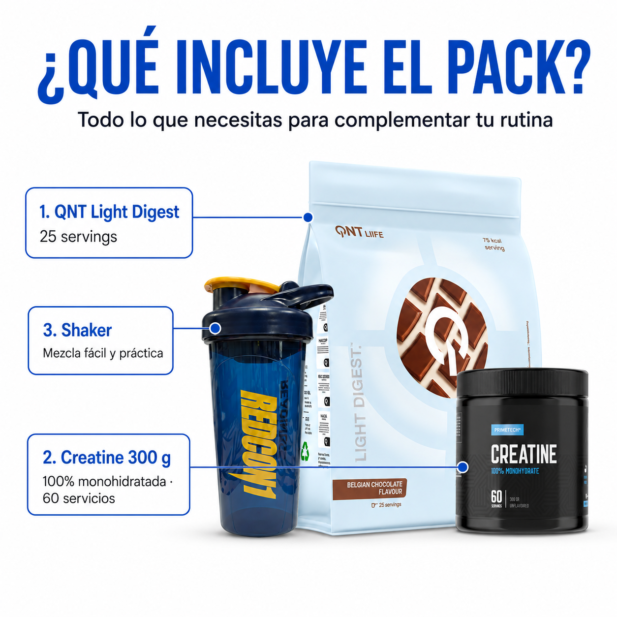 PROTEINA WHEY LIGH DIGEST 500 GR "QNT" + CREATINA MONOHIDRATO 300 GR "PRIMETECH" + SHAKER