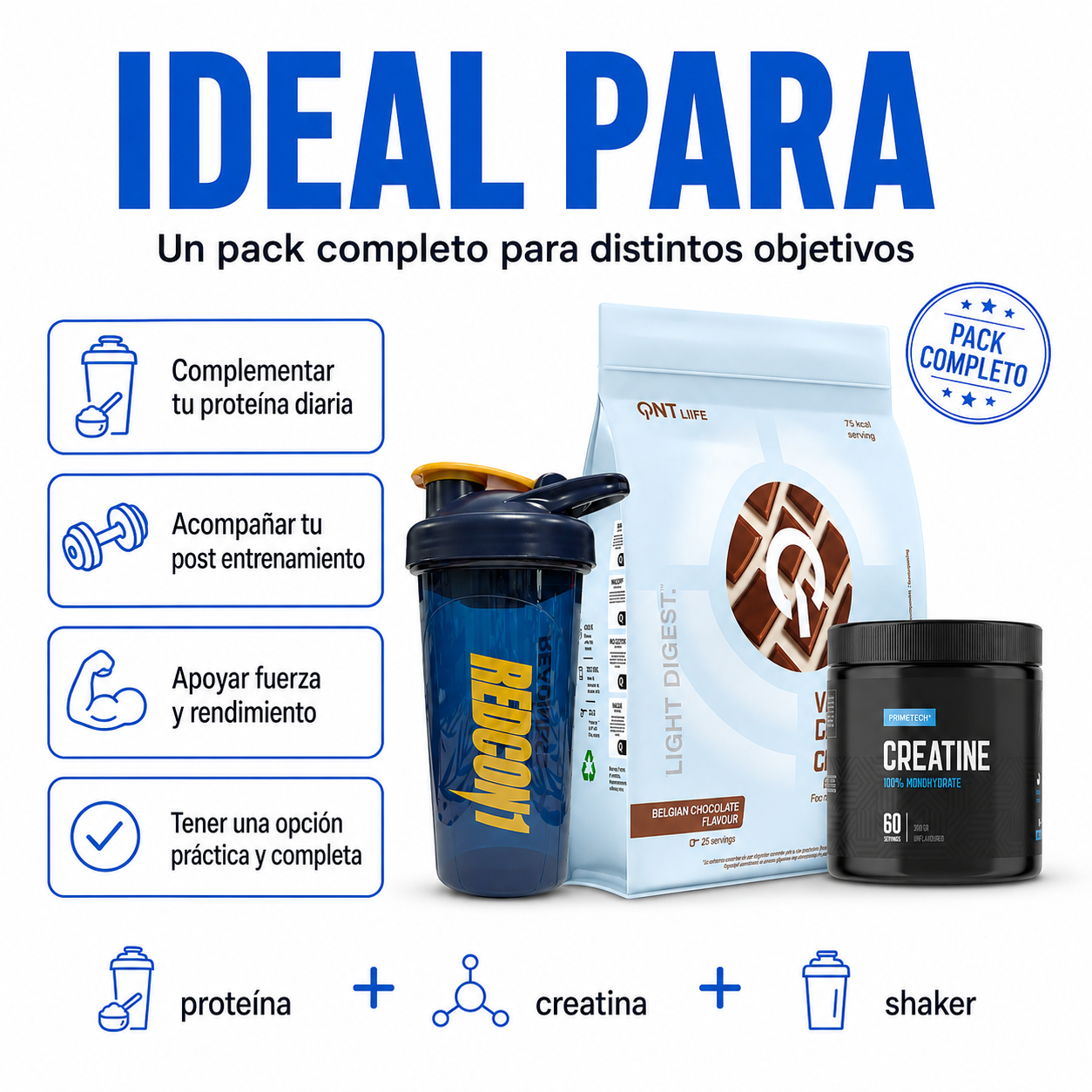 PROTEINA WHEY LIGH DIGEST 500 GR "QNT" + CREATINA MONOHIDRATO 300 GR "PRIMETECH" + SHAKER