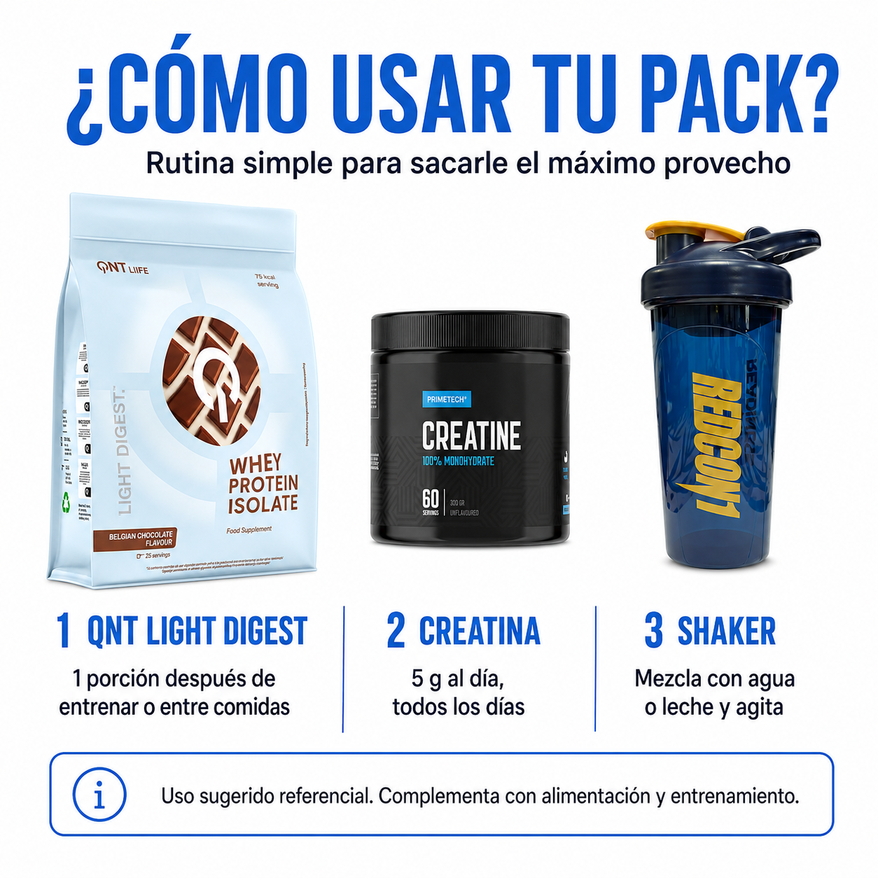 PROTEINA WHEY LIGH DIGEST 500 GR "QNT" + CREATINA MONOHIDRATO 300 GR "PRIMETECH" + SHAKER