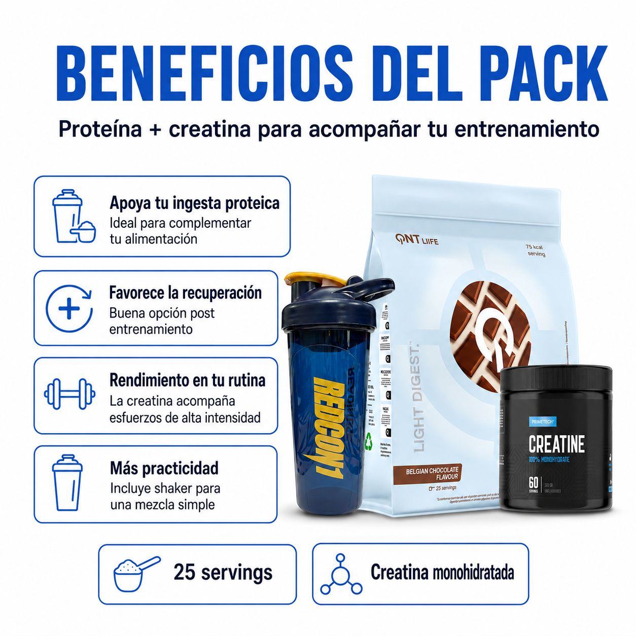 PROTEINA WHEY LIGH DIGEST 500 GR "QNT" + CREATINA MONOHIDRATO 300 GR "PRIMETECH" + SHAKER