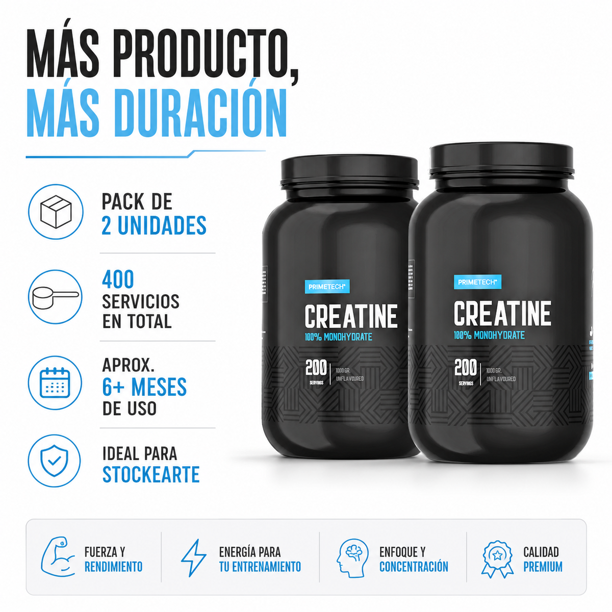 2 CREATINA MONOHIDRATO 1000 GR "PRIMETECH" - CREATINA MONOHIDRATADA 1 KG - PRIMETECH - PRE VENTA DESPACHO 16 DE SEPTIEMBRE