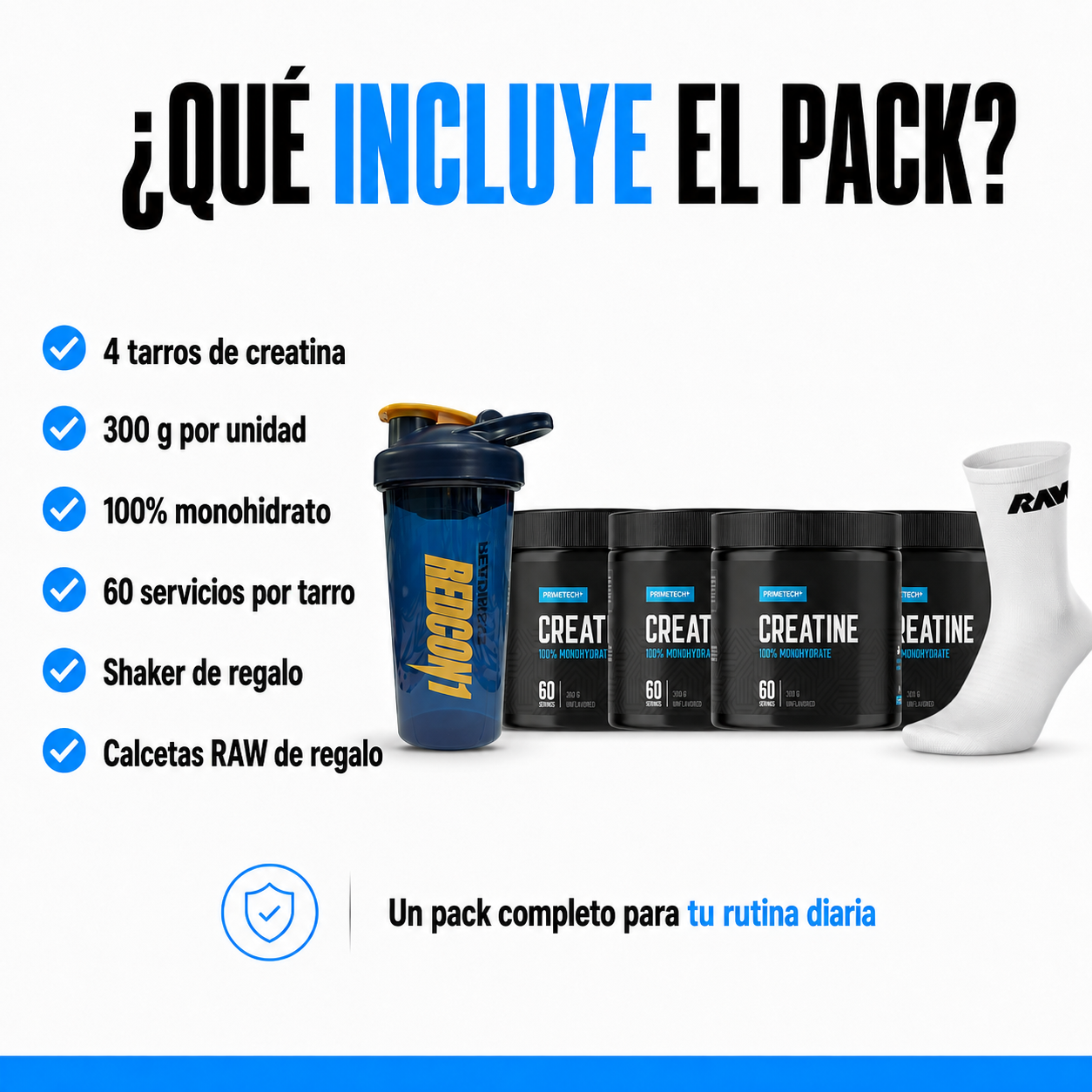 4 CREATINAS MONOHIDRATO 300 GR "PRIMETECH" +  SHAKER DE REGALO + PAR DE CALCETINES RAW