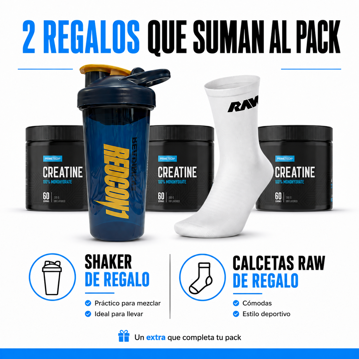 4 CREATINAS MONOHIDRATO 300 GR "PRIMETECH" +  SHAKER DE REGALO + PAR DE CALCETINES RAW