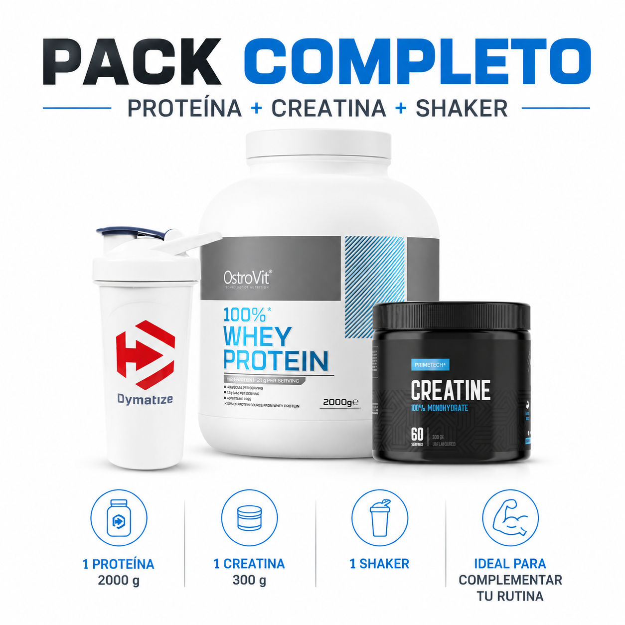 WHEY PROTEIN 2 KG "OSTROVIT" + CREATINA MONOHIDRATO 300 GR "PRIMETECH" + SHAKER