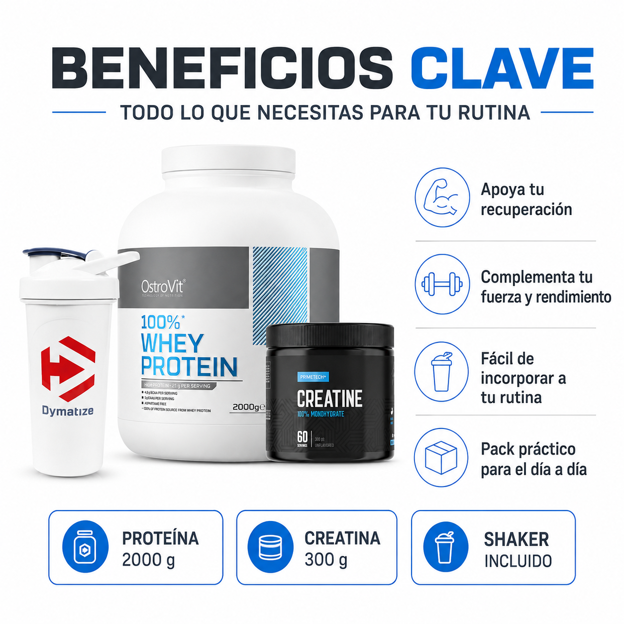 WHEY PROTEIN 2 KG "OSTROVIT" + CREATINA MONOHIDRATO 300 GR "PRIMETECH" + SHAKER