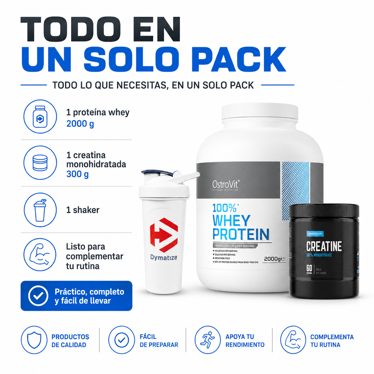 WHEY PROTEIN 2 KG "OSTROVIT" + CREATINA MONOHIDRATO 300 GR "PRIMETECH" + SHAKER