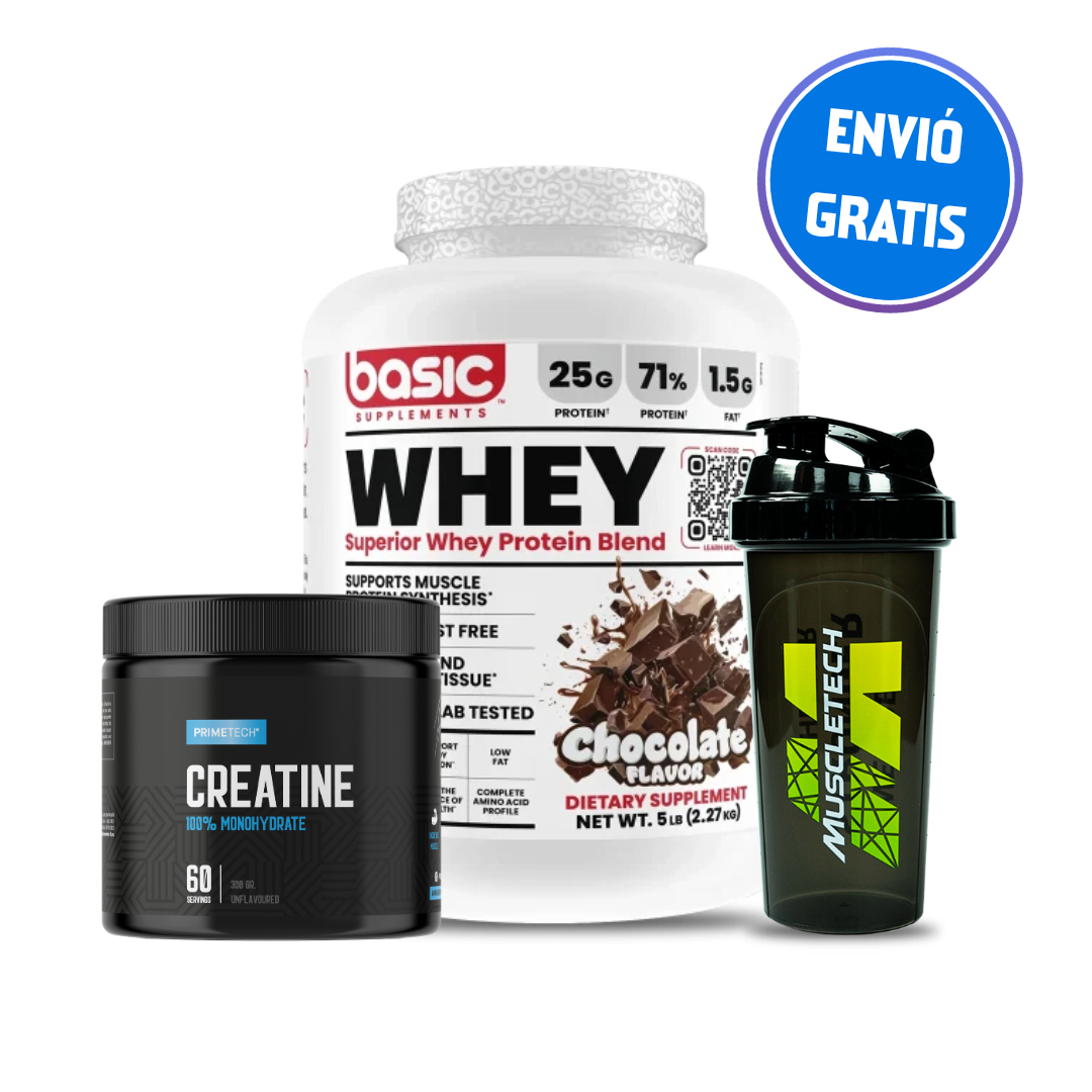 WHEY BASIC 5 LB + CREATINA MONOHIDRATO 300 GR PRIMETECH + SHAKER