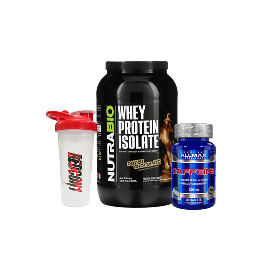 WHEY PROTEIN ISOLATE 2 LB "NUTRA BIO" + CAFEINA 100 TABS + SHAKER DE REGALO