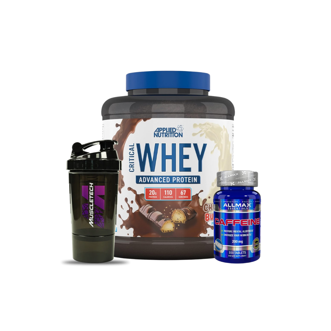 CRITICAL WHEY 5 LB "APPLIED NUTRITION" + CAFEINA 100 CAPS "ALLMAX" + SHAKER DOBLE DE REGALO