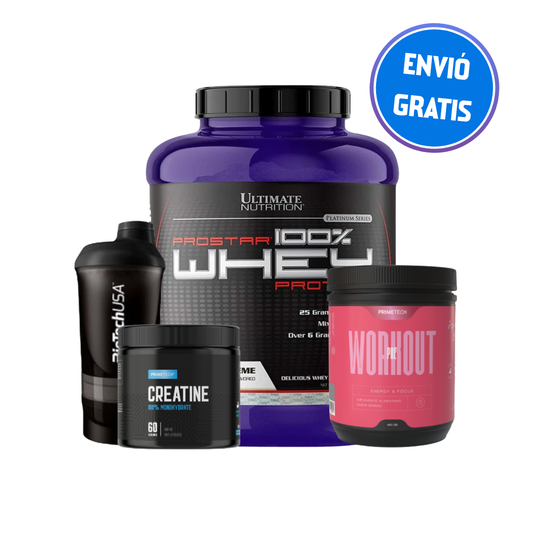 PROSTAR 5 LBS ULTIMATE NUTRITION + PRE ENTRENO 450 GR "PRIMETECH" + CREATINA MONOHIDRATO 300 GR "PRIMETECH" + SHAKER