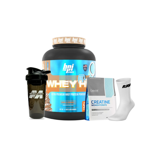 WHEY HD 4LB "BPI" + CREATINA MONOHIDRATO 300 "OSTROVIT" +SHAKER DE REGALO + CALCETINES "RAW"