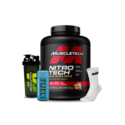 NITRO TECH 5 LB "MUSCLETECH" + SHAKER DE REGALO + CALCETINES RAW + ENERGETICA FUEL 330 ML