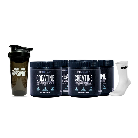 4 CREATINAS MONOHIDRATO 300 GR "PRIMETECH" +  SHAKER DE REGALO + PAR DE CALCETINES RAW CON ENVIO GRATIS