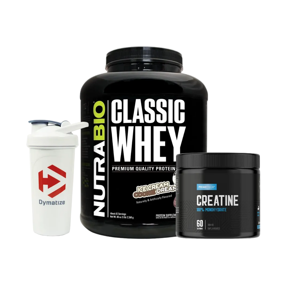 CLASSIC WHEY 5 LB "NUTRABIO" + CREATINA MONOHIDRATO 300 GR "PRIMETECH" + SHAKER