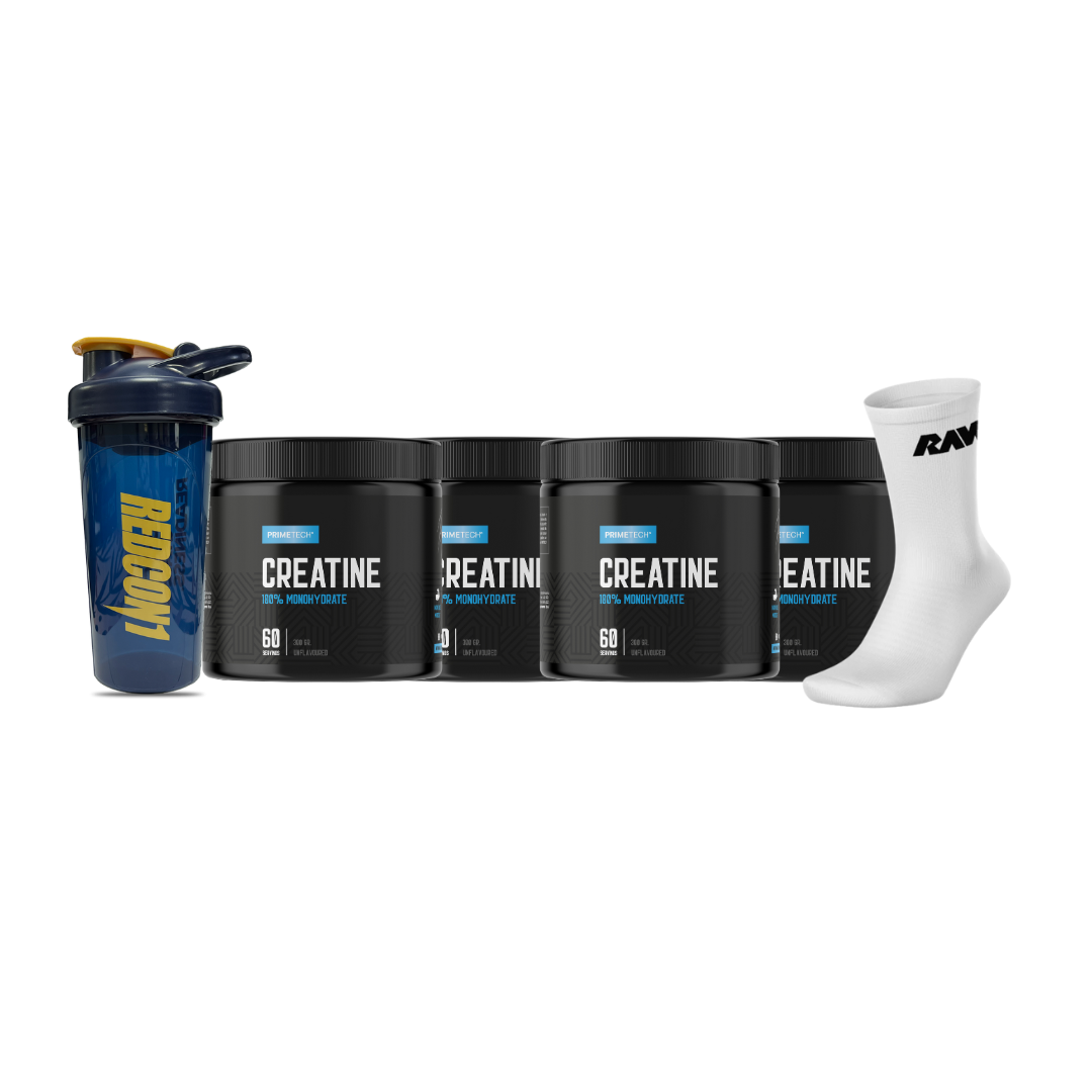 4 CREATINAS MONOHIDRATO 300 GR "PRIMETECH" +  SHAKER DE REGALO + PAR DE CALCETINES RAW