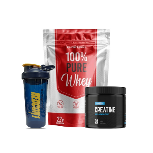PURETECH 100% PURE WHEY 900 GR BOLSA + CREATINA MONOHIDRATO 300 GR "PRIMETECH" + SHAKER