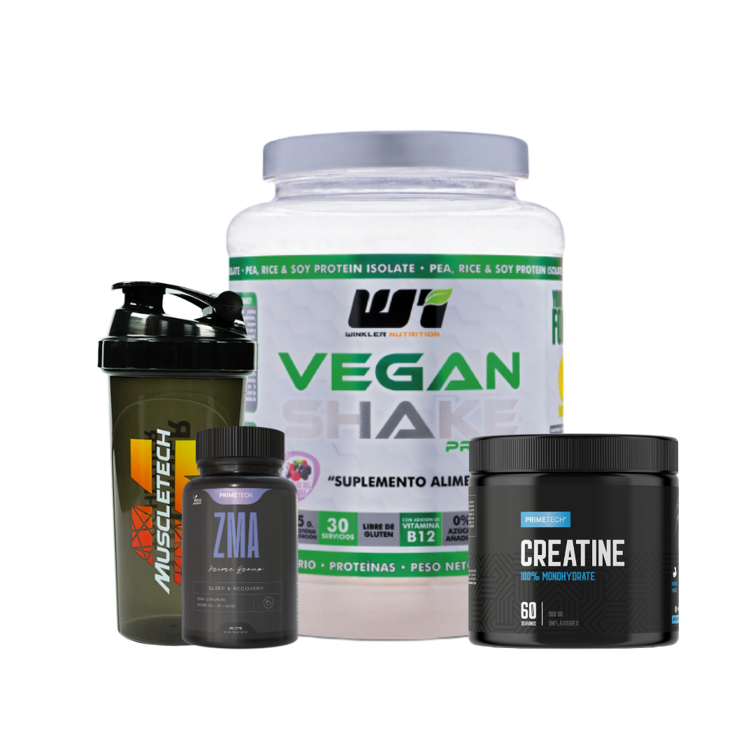 VEGAN SHAKE 2 LB + CREATINA MONOHIDRATO 300 GR + ZMA PRIMETECH + SHAKER